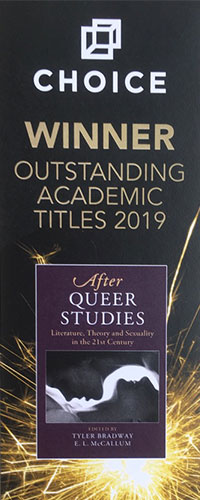 black bookmark with white and gold text and the purple cover of Ellen's book,"After Queer Studies: Literature, Theory, and Sexuality in the 21st Century" 
