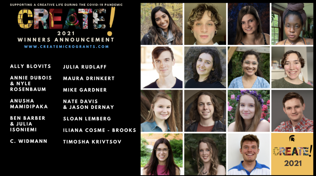 Graphic with twelve headshots of people in a four by four grid. To the left of the photo are the people's names and the text "CREATE! 2021 Winners Announcement"