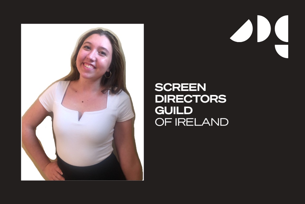 Young woman in a white top framed in black with the Screen Directors Guild of Ireland logo to her right.