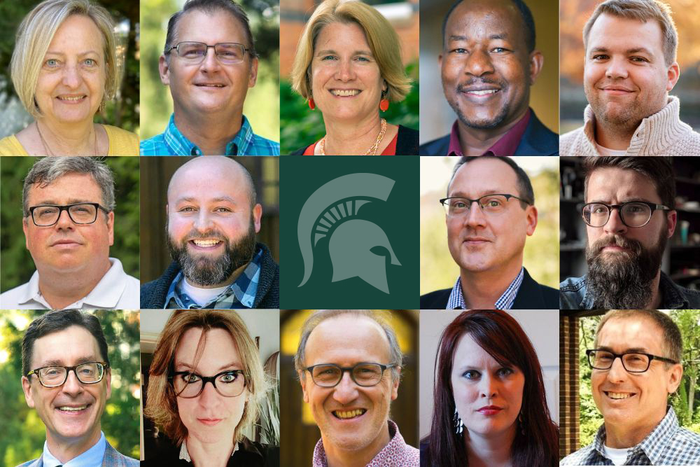 Composite image of 14 individuals headshot photos in three rows with the Spartan helmet graphic in green in the middle. Included in this composite are four photos of women and 10 photos of men.